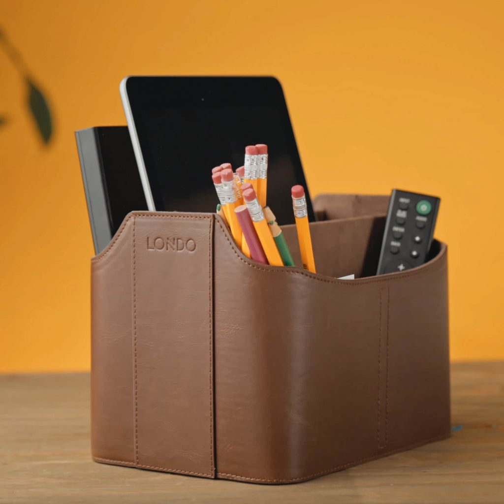 Personalized Custom Leather Remote Caddy, Hand Crafted Desk Organizer, Remote Control Holder with Tablet Slot, Apple TV Remote Holder